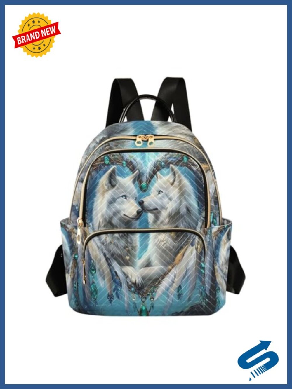 ALAZA Dreamcatcher White Wolf Small Backpack Purse Nylon Quilted Travel Daypack